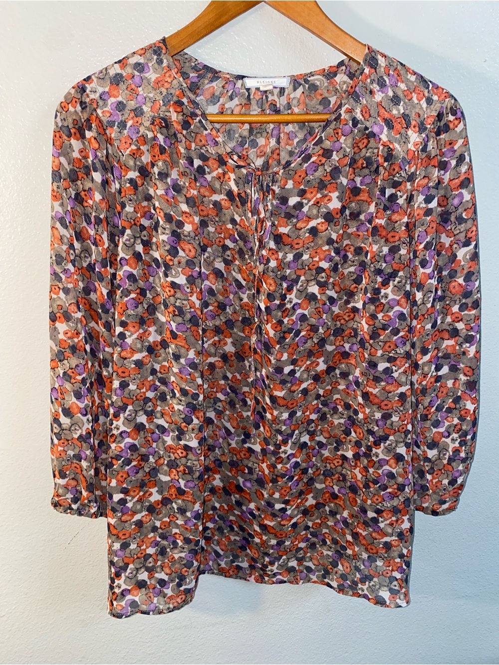 Pleione Sheer Orange Purple Abstract Floral Chiffon Tie Neck Blouse L